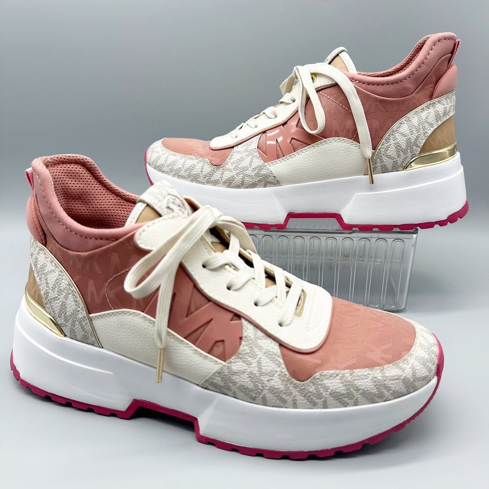 Michael Kors Muse Mixed-Media Trainers Pink Logo Canvas Sneakers Size 9